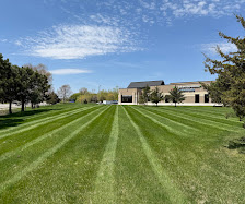 Crisp mowing stripes on a large open lawn